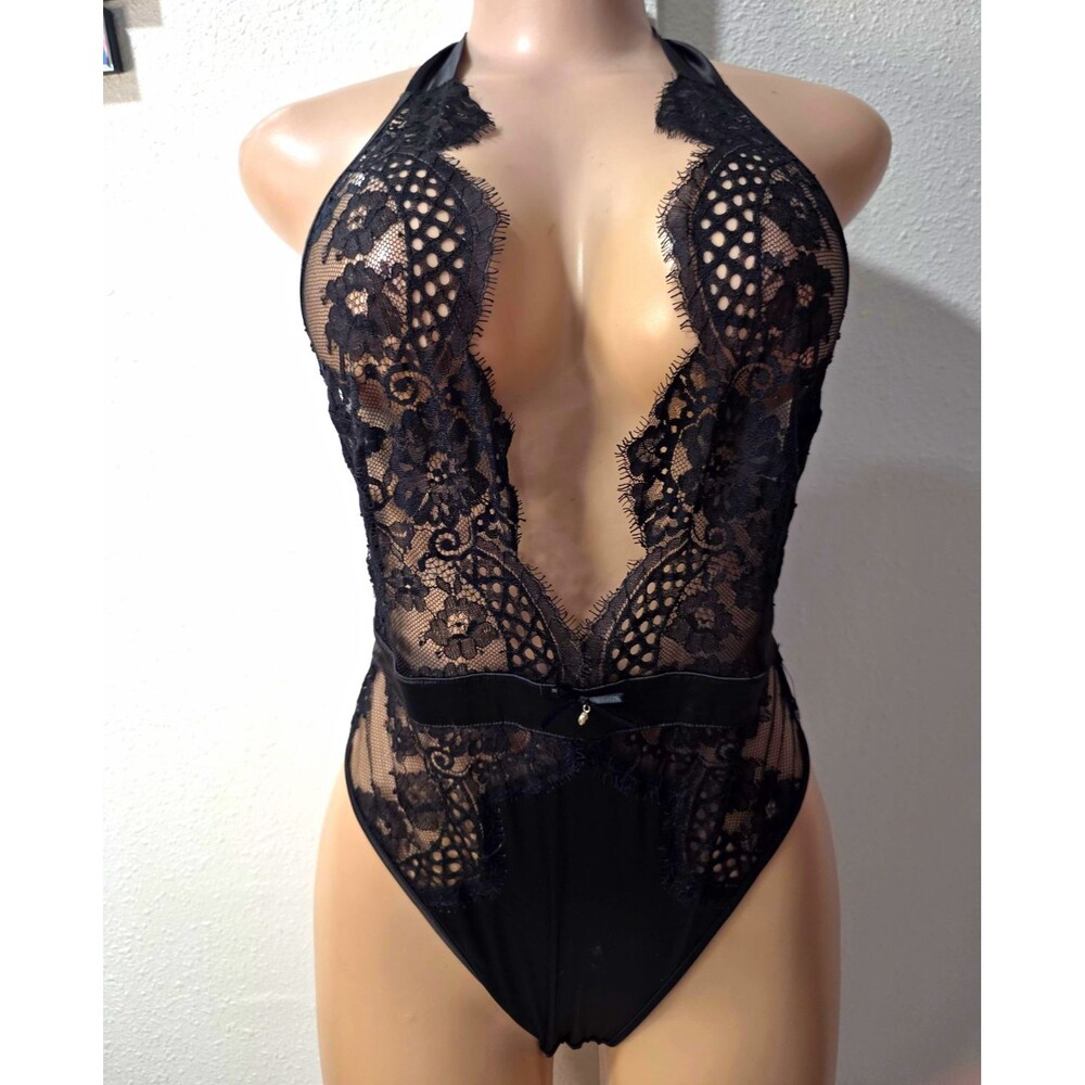 Honey Birdette Black Semi-Transparent Floral Lace Mesh Plunge Backless Bodysuit